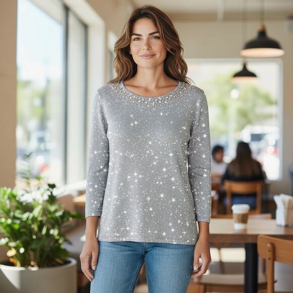 Ruby Rd. Sweater Top NWT Aqua Sparkling Metallic Rhinestones SZ XL Holidays Boho - Picture 1 of 8